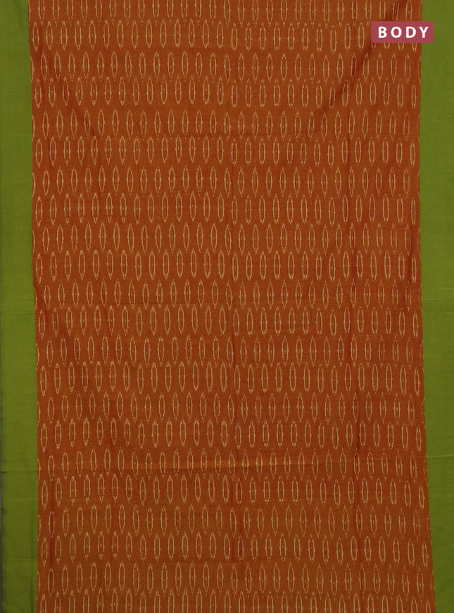 Ikat cotton saree sunset orange and light green with allover ikat woven butta weaves and simple border