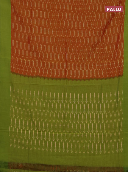 Ikat cotton saree sunset orange and light green with allover ikat woven butta weaves and simple border