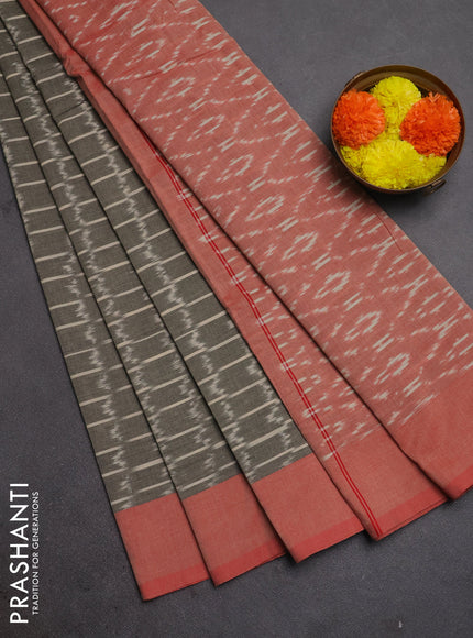Ikat cotton saree grey and red with allover ikat weaves and simple border