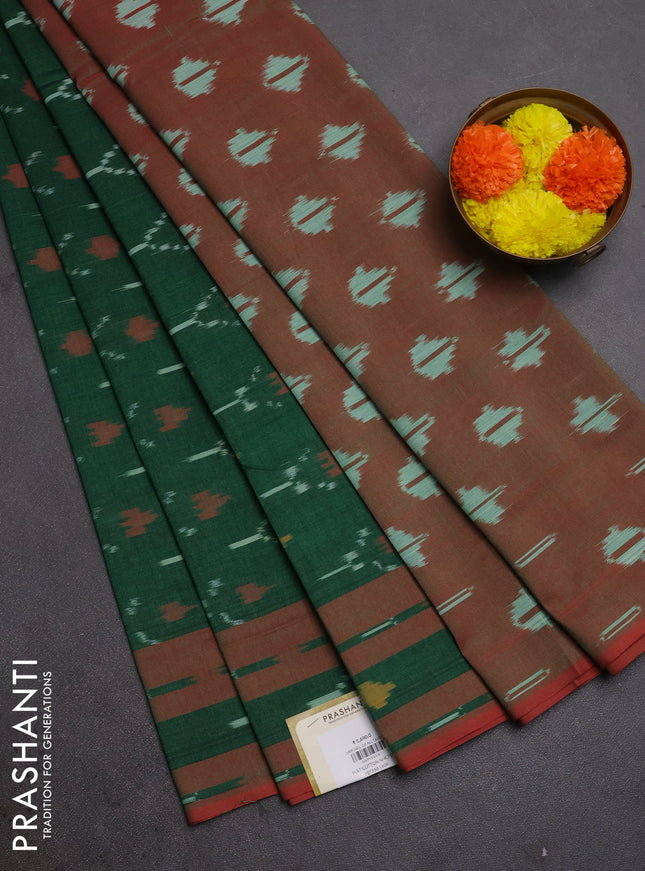 Ikat cotton saree green and red with allover ikat woven butta weaves and rettapet ikat woven border