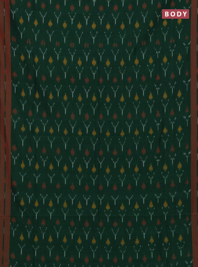 Ikat cotton saree green and red with allover ikat woven butta weaves and rettapet ikat woven border