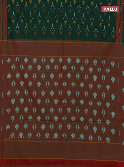 Ikat cotton saree green and red with allover ikat woven butta weaves and rettapet ikat woven border