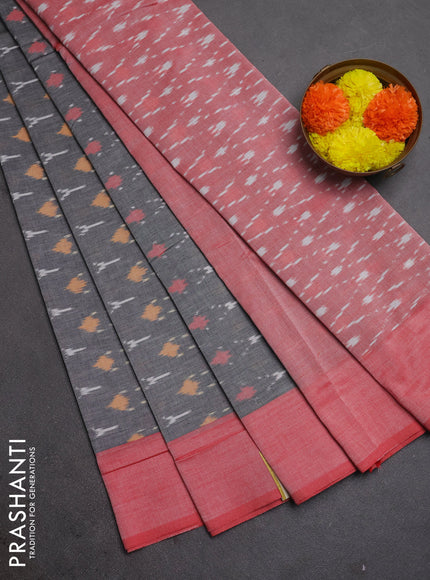 Ikat cotton saree grey and red with allover ikat woven butta weaves and simple border