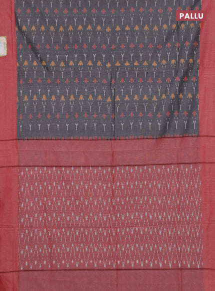 Ikat cotton saree grey and red with allover ikat woven butta weaves and simple border