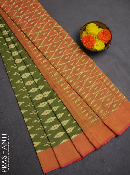 Ikat cotton saree light green and pink with allover ikat woven butta weaves and simple border