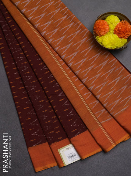 Ikat cotton saree deep maroon and orange with allover ikat weaves and simple border