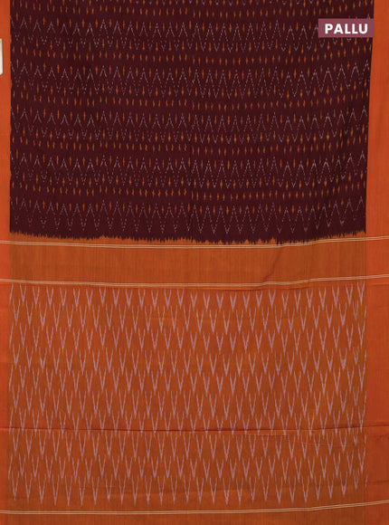 Ikat cotton saree deep maroon and orange with allover ikat weaves and simple border