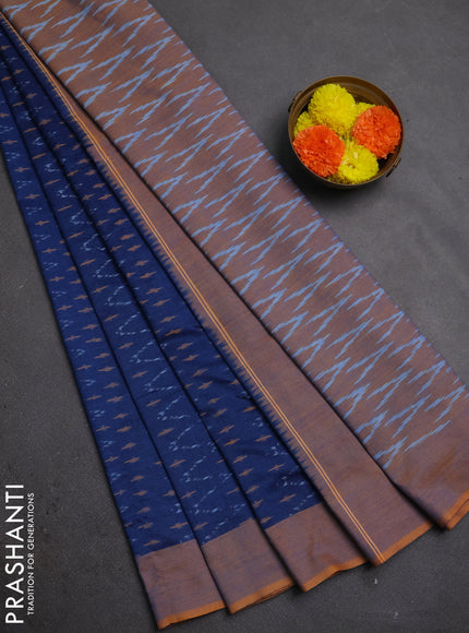 Ikat cotton saree peacock blue and mustard yellow with allover ikat weaves and simple border