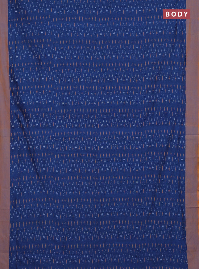 Ikat cotton saree peacock blue and mustard yellow with allover ikat weaves and simple border