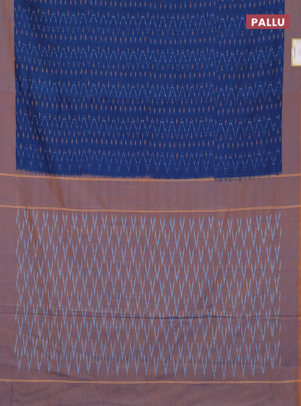 Ikat cotton saree peacock blue and mustard yellow with allover ikat weaves and simple border