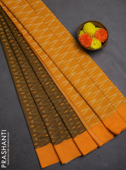 Ikat cotton saree dark mustard and mango yellow with allover ikat weaves and simple border