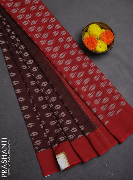 Ikat cotton saree coffee brown and red with allover ikat woven butta weaves and simple border