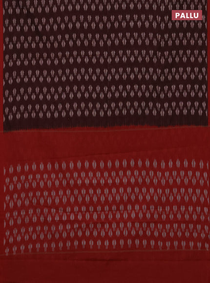 Ikat cotton saree coffee brown and red with allover ikat woven butta weaves and simple border