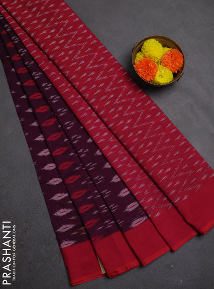 Ikat cotton saree deep wine shade and red with allover ikat woven butta weaves and simple border