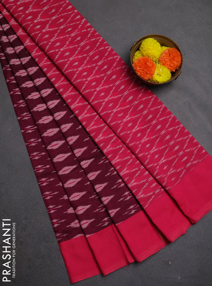 Ikat cotton saree deep wine shade and pink with allover ikat woven butta weaves and simple border