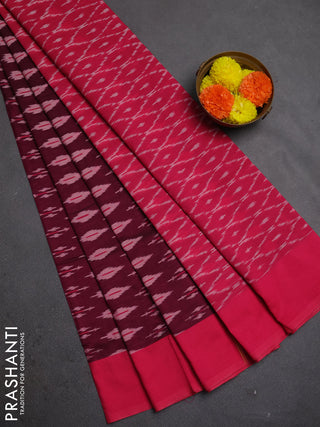 Ikat cotton saree deep wine shade and pink with allover ikat woven butta weaves and simple border