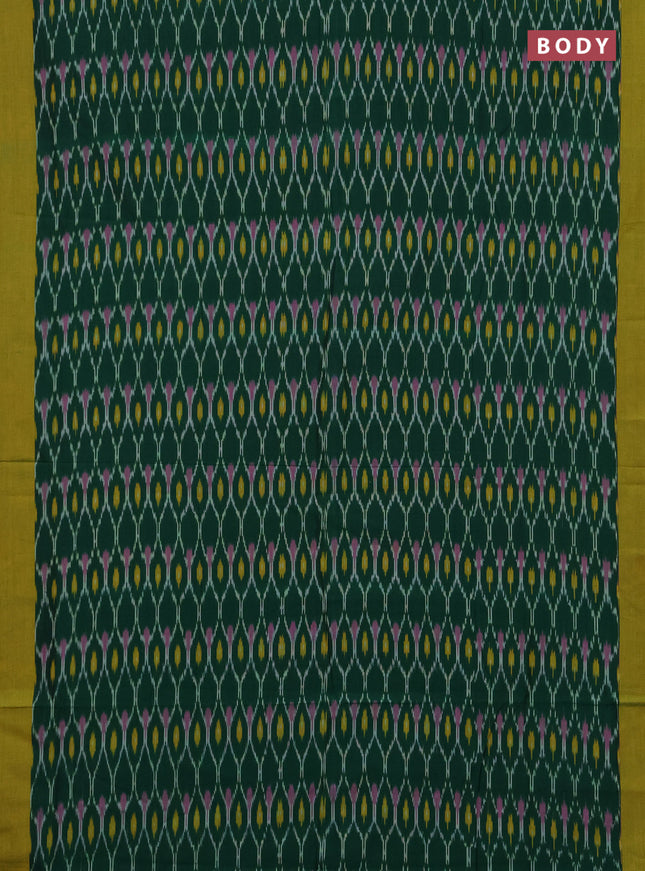 Ikat cotton saree bottle green and lime green with allover ikat woven butta weaves and simple border