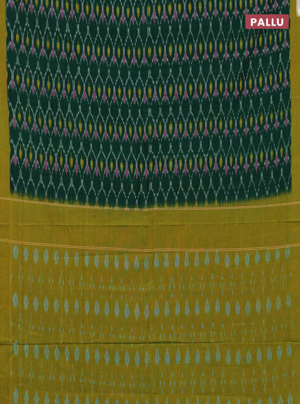 Ikat cotton saree bottle green and lime green with allover ikat woven butta weaves and simple border