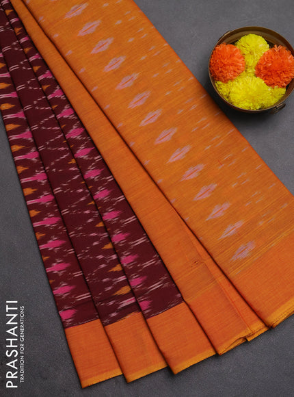 Ikat cotton saree deep maroon and mango yellow with allover ikat weaves and simple border