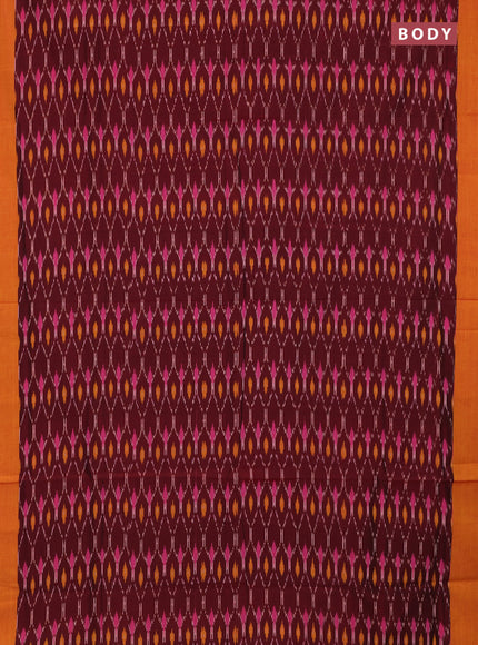 Ikat cotton saree deep maroon and mango yellow with allover ikat weaves and simple border