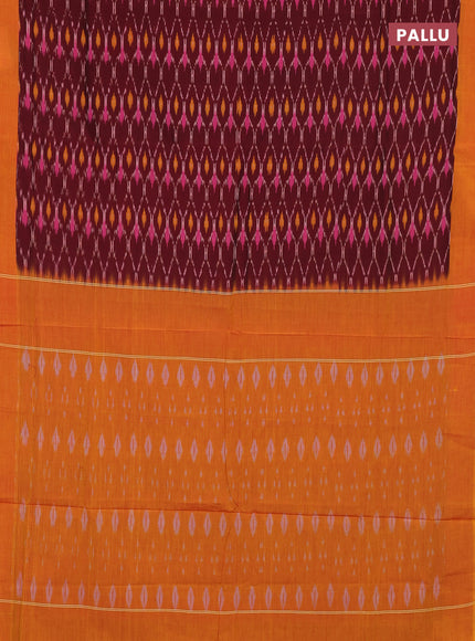 Ikat cotton saree deep maroon and mango yellow with allover ikat weaves and simple border