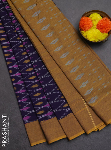 Ikat cotton saree violet and mustard yellow with allover ikat weaves and simple border