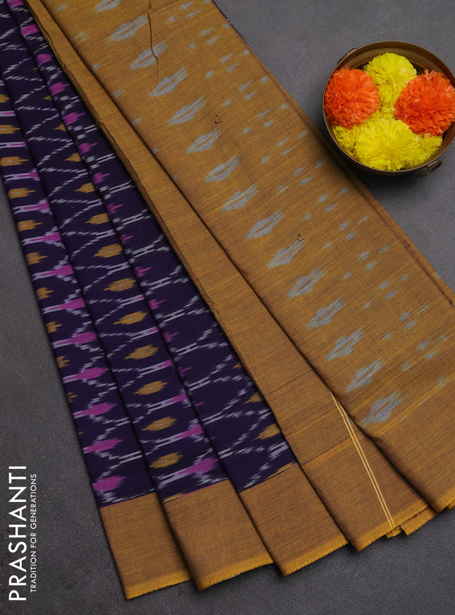 Ikat cotton saree violet and mustard yellow with allover ikat weaves and simple border