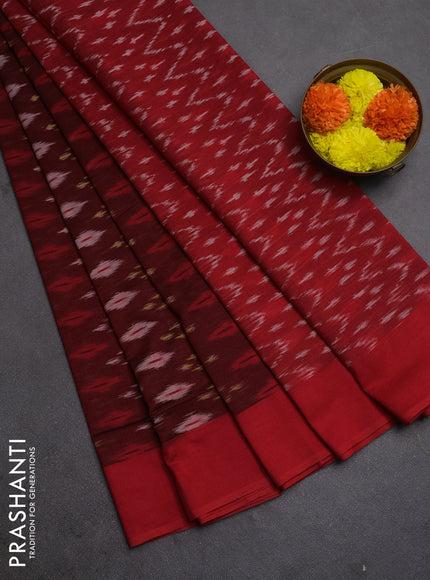 Ikat cotton saree deep maroon and red with allover ikat weaves and simple border