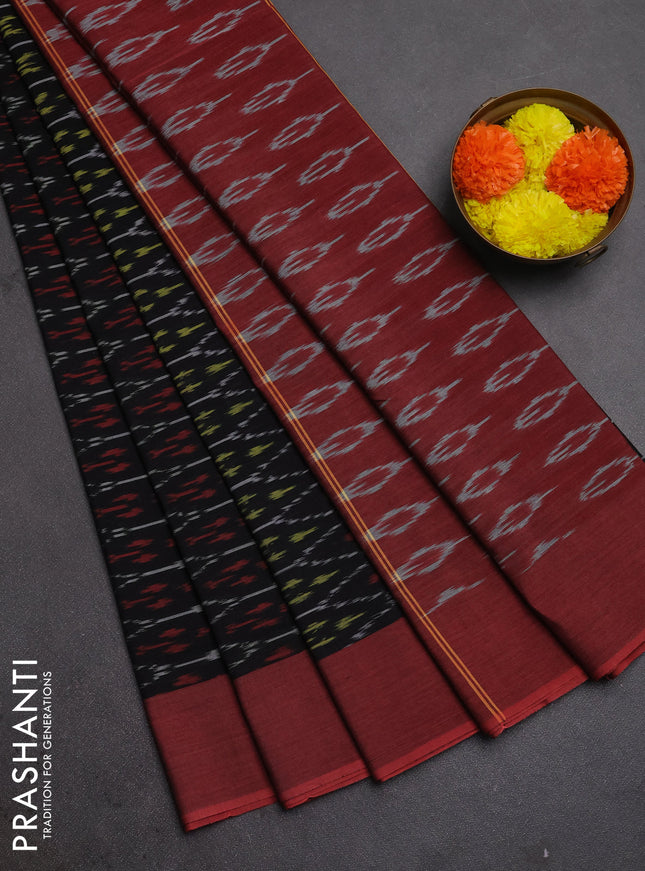 Ikat cotton saree black and red with allover ikat weaves and simple border