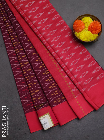Ikat cotton saree wine shade and pink with allover ikat weaves and simple border