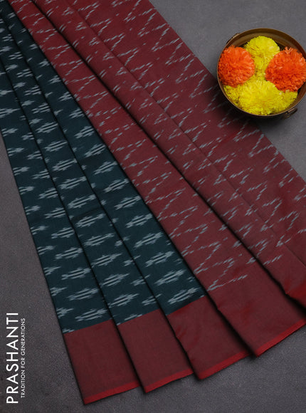 Ikat cotton saree peacock green and red with allover ikat woven buttas and simple border