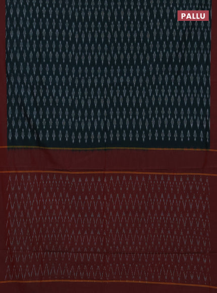 Ikat cotton saree peacock green and red with allover ikat woven buttas and simple border