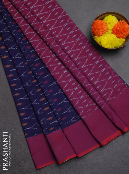 Ikat cotton saree blue and red with allover ikat woven buttas and simple border
