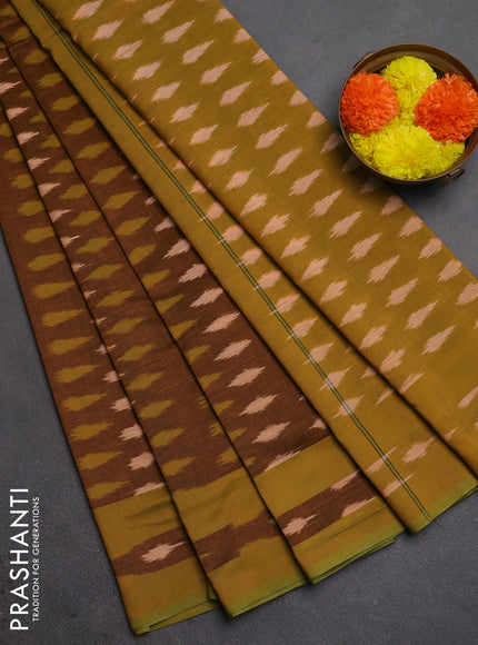 Ikat cotton saree dark mustard and lime green with allover ikat woven buttas and rettapet ikat woven border