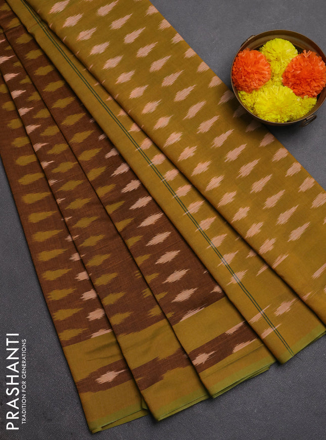 Ikat cotton saree dark mustard and lime green with allover ikat woven buttas and rettapet ikat woven border