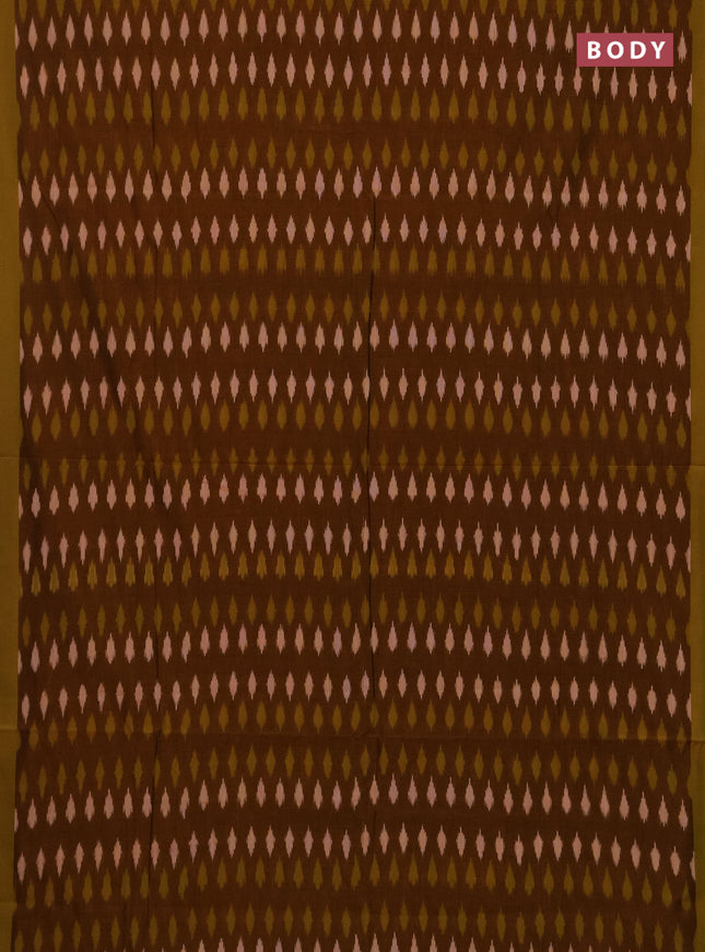 Ikat cotton saree dark mustard and lime green with allover ikat woven buttas and rettapet ikat woven border