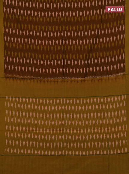 Ikat cotton saree dark mustard and lime green with allover ikat woven buttas and rettapet ikat woven border