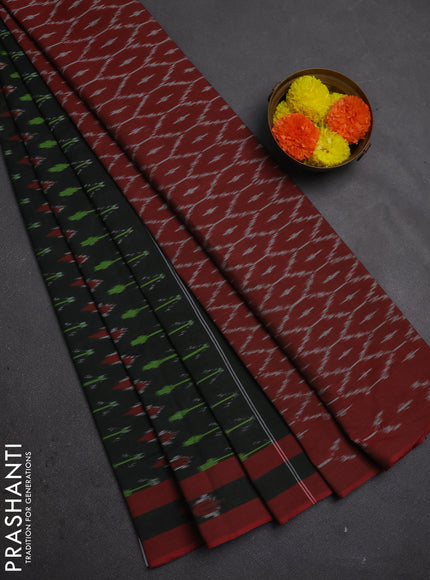 Ikat cotton saree dark sap green and red with allover ikat woven buttas and rettapet ikat woven border