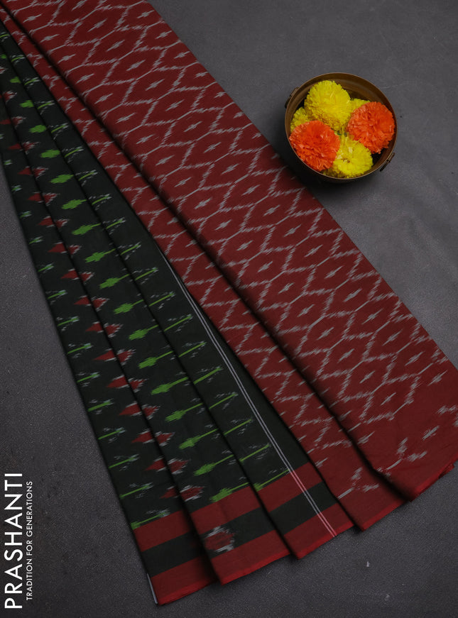 Ikat cotton saree dark sap green and red with allover ikat woven buttas and rettapet ikat woven border