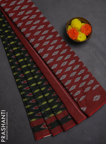 Ikat cotton saree black and maroon with allover ikat woven buttas and rettapet ikat woven border