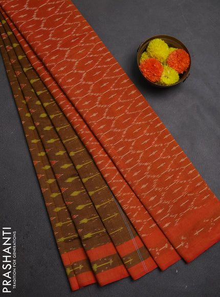 Ikat cotton saree dark mustard and orange with allover ikat weaves and rettapet ikat woven border