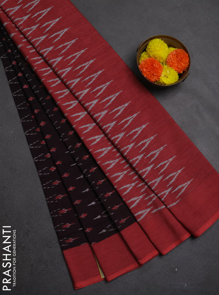 Ikat cotton saree deep wine and rust shade with allover ikat woven buttas and simple border