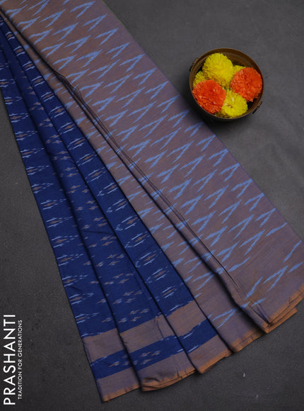 Ikat cotton saree peacock blue and mustard yellow with allover ikat woven buttas and rettapet ikat woven border