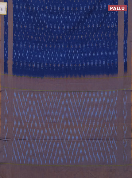 Ikat cotton saree peacock blue and mustard yellow with allover ikat woven buttas and rettapet ikat woven border