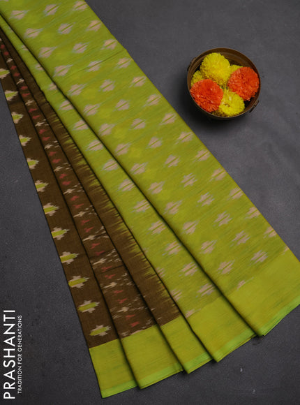 Ikat cotton saree mustard green and fluorescent green with allover ikat weaves and rettapet ikat woven border