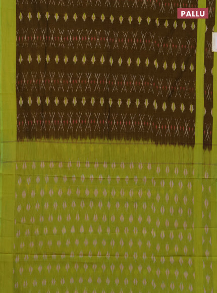 Ikat cotton saree mustard green and fluorescent green with allover ikat weaves and rettapet ikat woven border