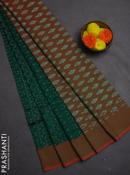 Ikat cotton saree green and red with allover ikat weaves and simple border