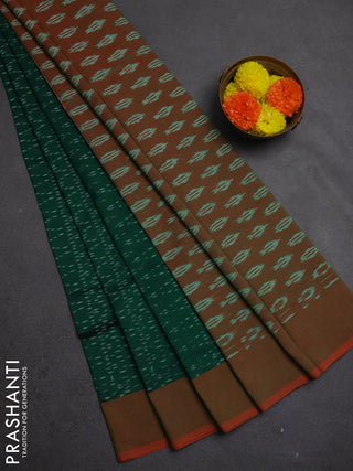 Ikat cotton saree green and red with allover ikat weaves and simple border