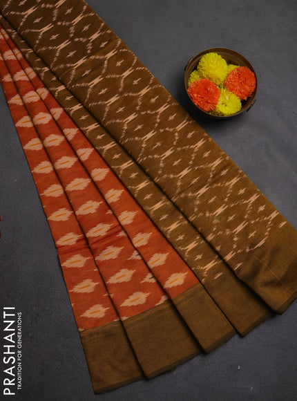 Ikat cotton saree sunset orange and dark mustard with allover ikat woven butta weaves and simple border