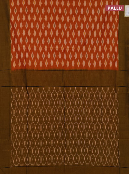 Ikat cotton saree sunset orange and dark mustard with allover ikat woven butta weaves and simple border